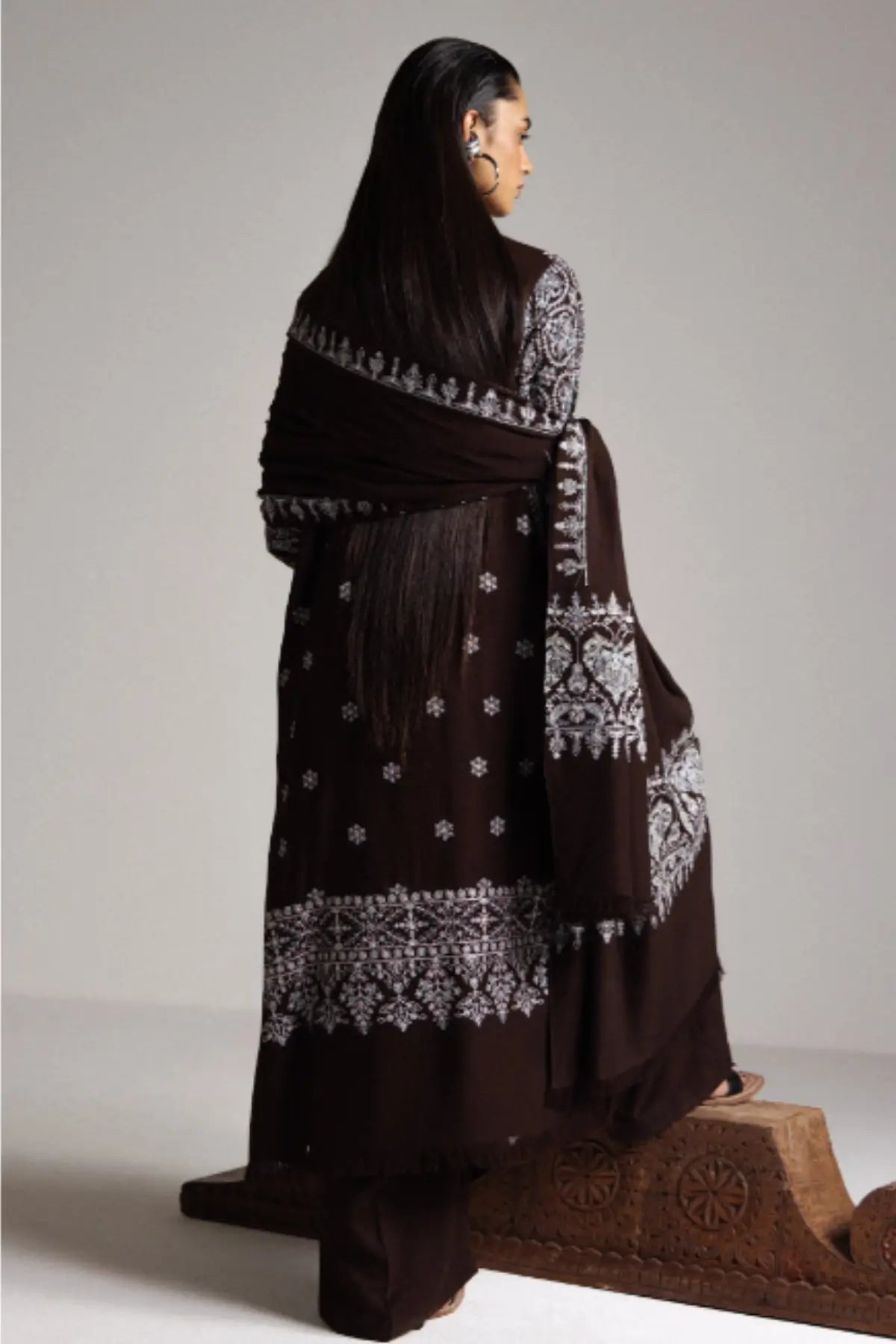 Zara Shahjahan Aqeeq D1 chocolate brown embroidered marina stitched winter suit with matching shawl from Saraab Winter 2026