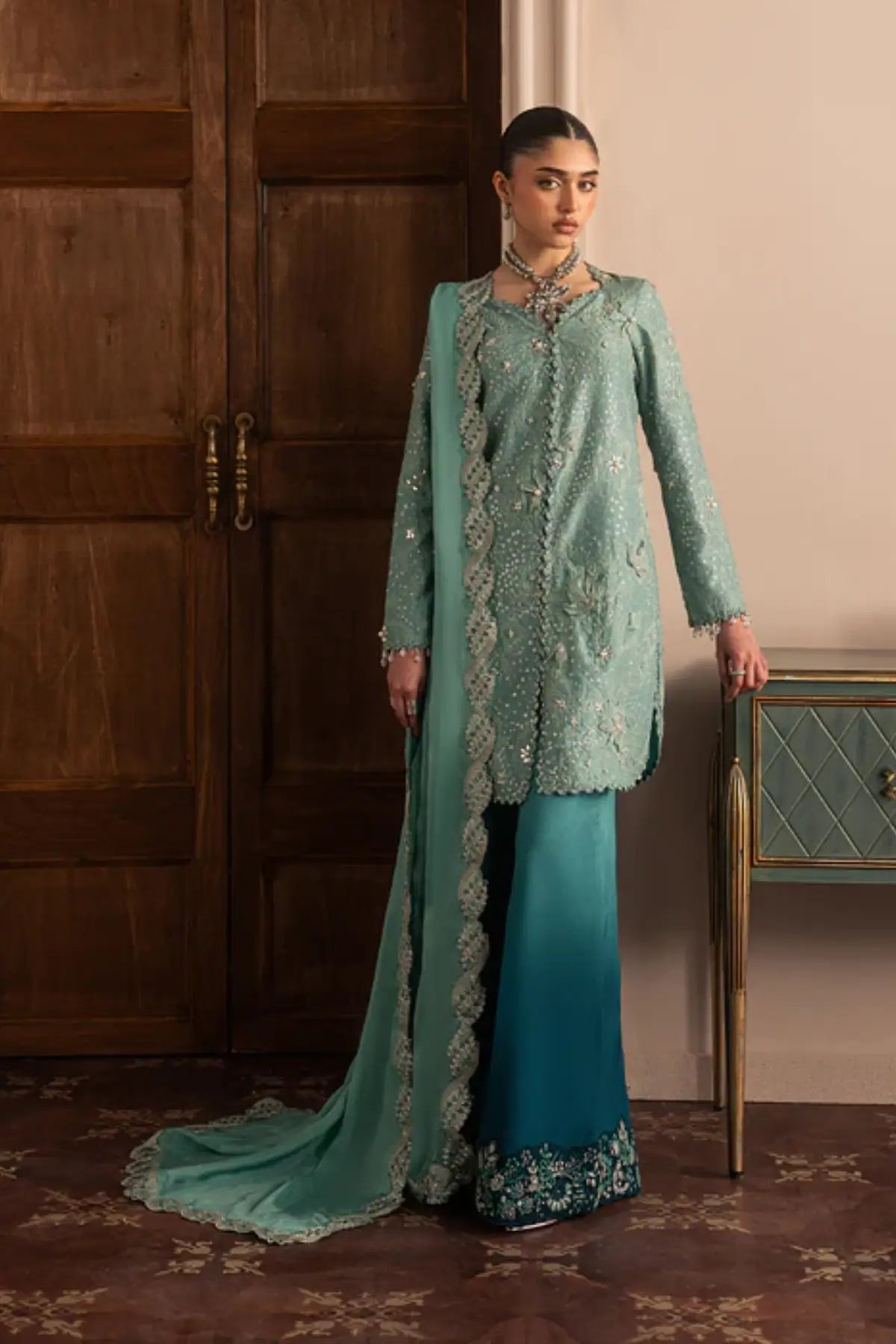 Aqua Eclat by Sadaf Fawad Khan turquoise formal sharara from Roya Lumière Collection