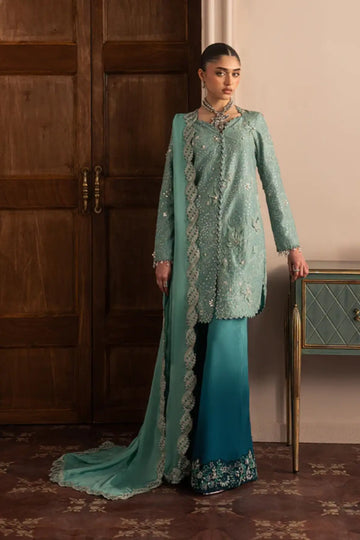 Aqua Eclat by Sadaf Fawad Khan turquoise formal sharara from Roya Lumière Collection