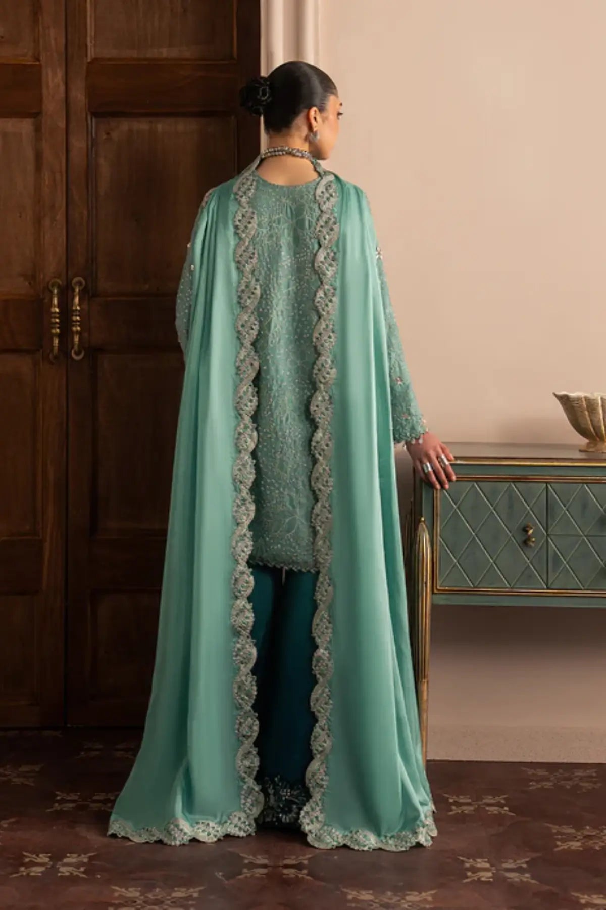 Aqua Eclat by Sadaf Fawad Khan turquoise formal sharara from Roya Lumière Collection