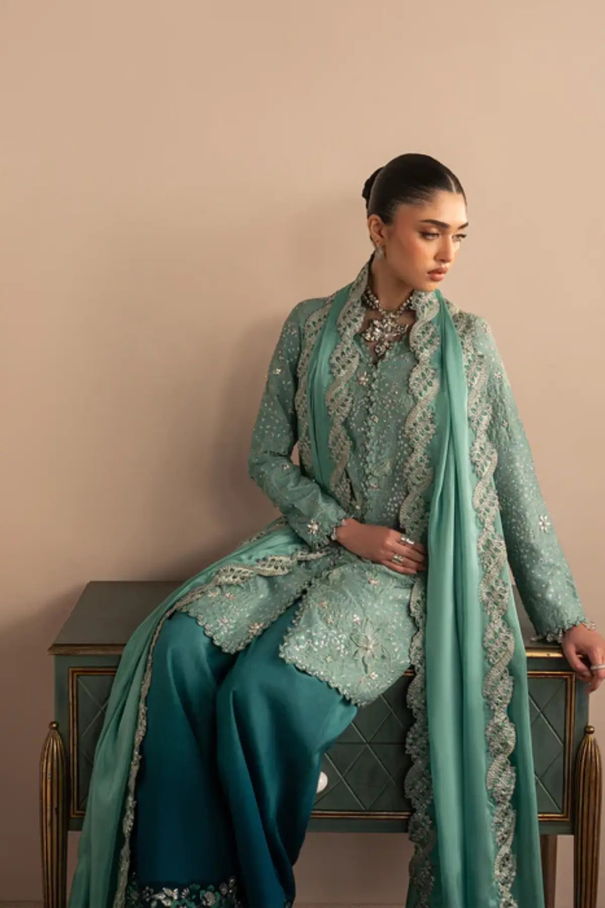 Aqua Eclat by Sadaf Fawad Khan turquoise formal sharara from Roya Lumière Collection