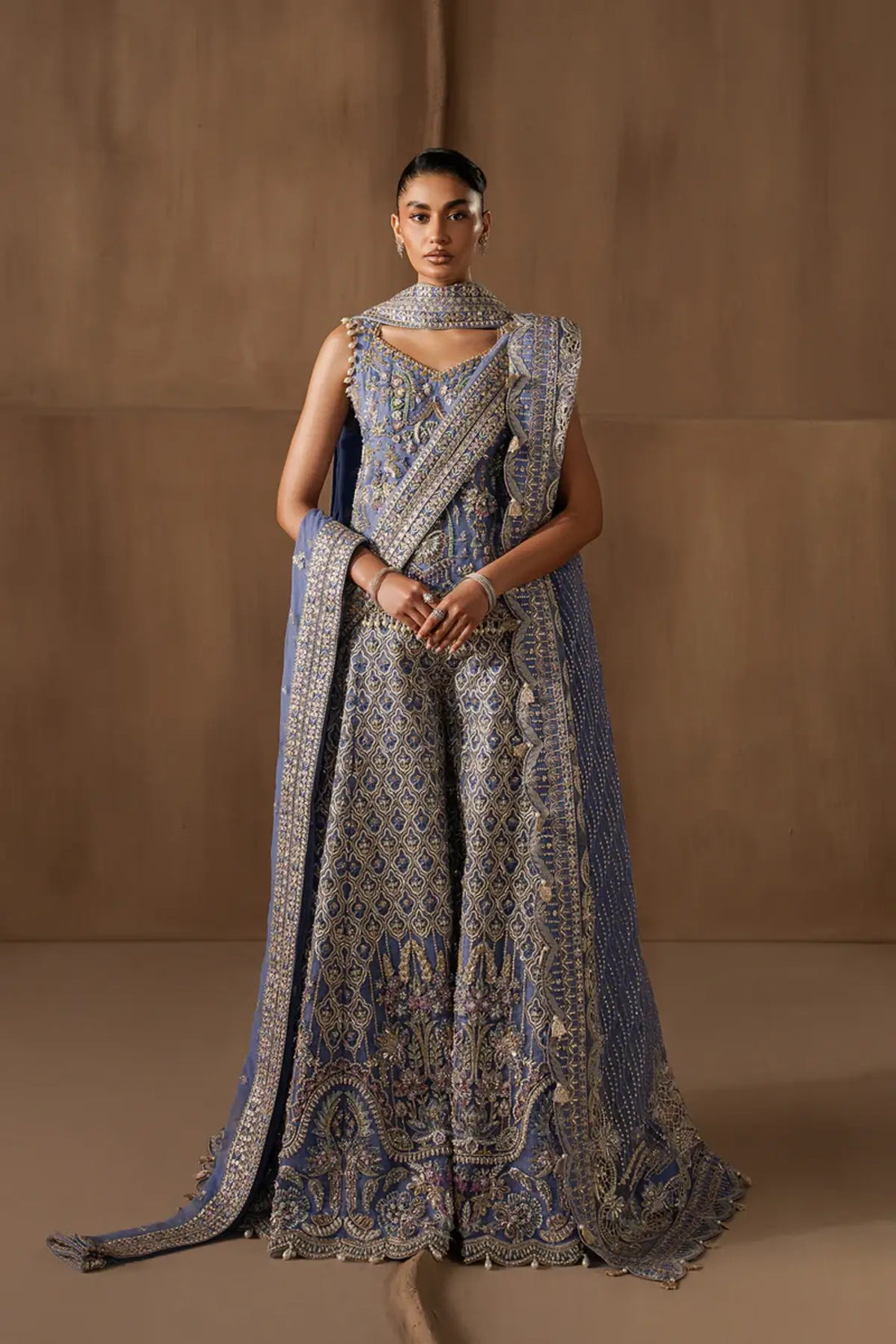 Arabella by Afrozeh steel blue organza wedding sharara suit with heavy embroidery luxury Pakistani bridal formal wear
