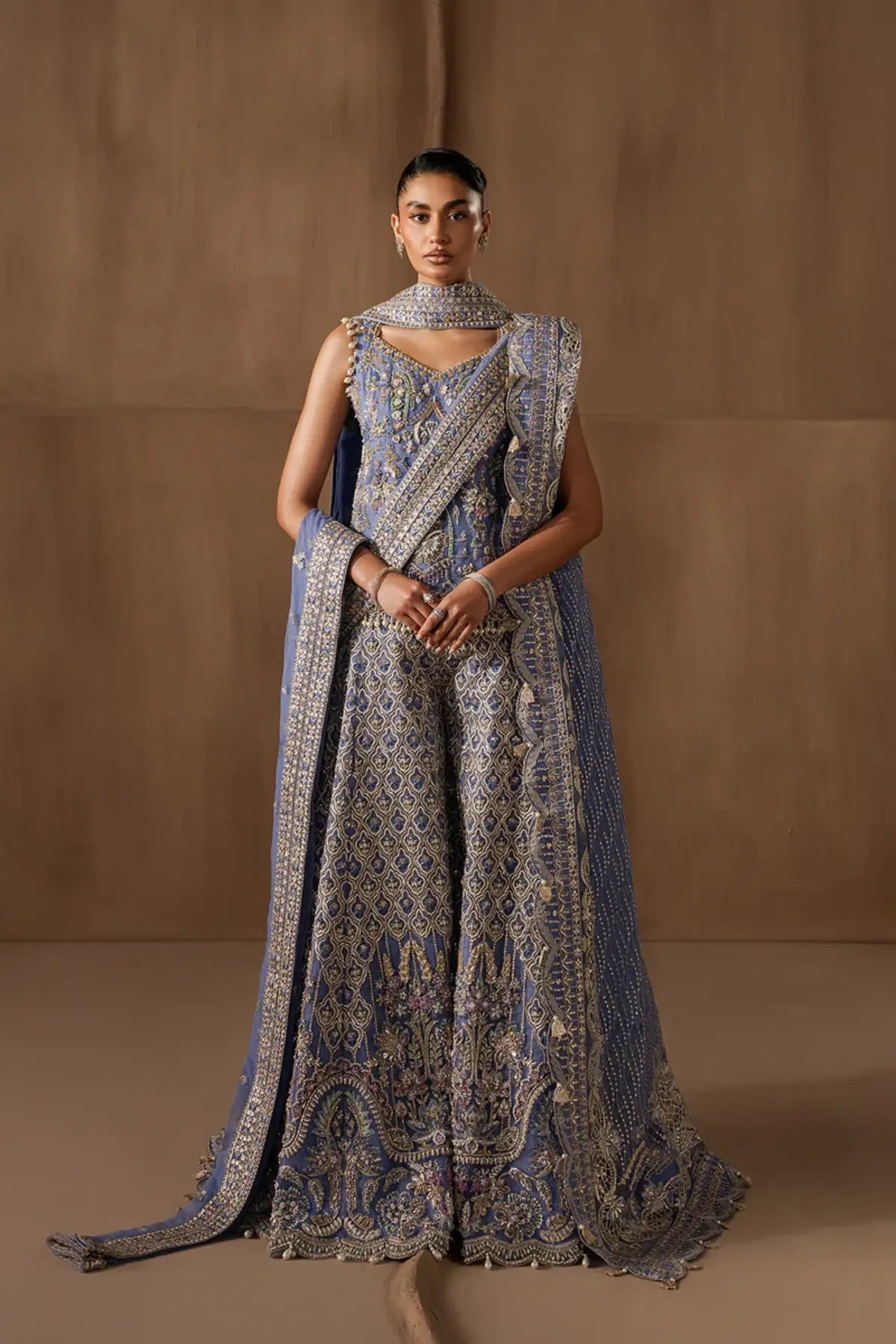 Arabella by Afrozeh steel blue organza wedding sharara suit with heavy embroidery luxury Pakistani bridal formal wear