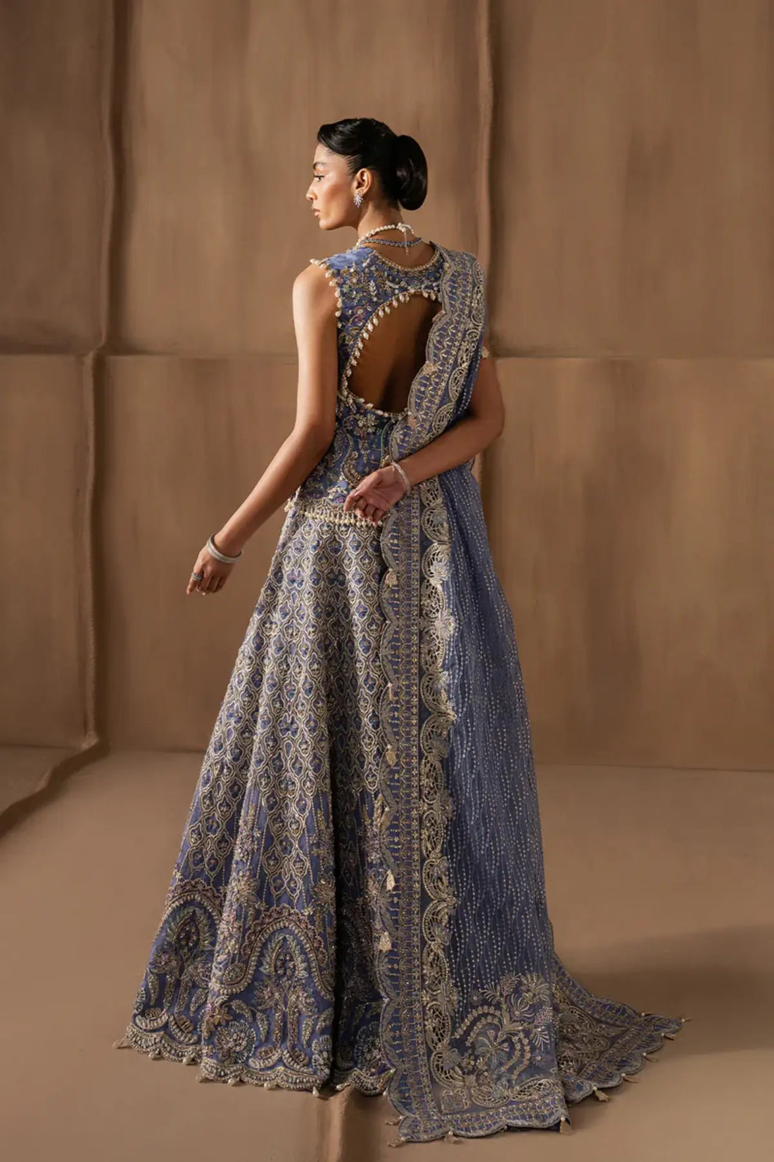 Arabella by Afrozeh steel blue organza wedding sharara suit with heavy embroidery luxury Pakistani bridal formal wear