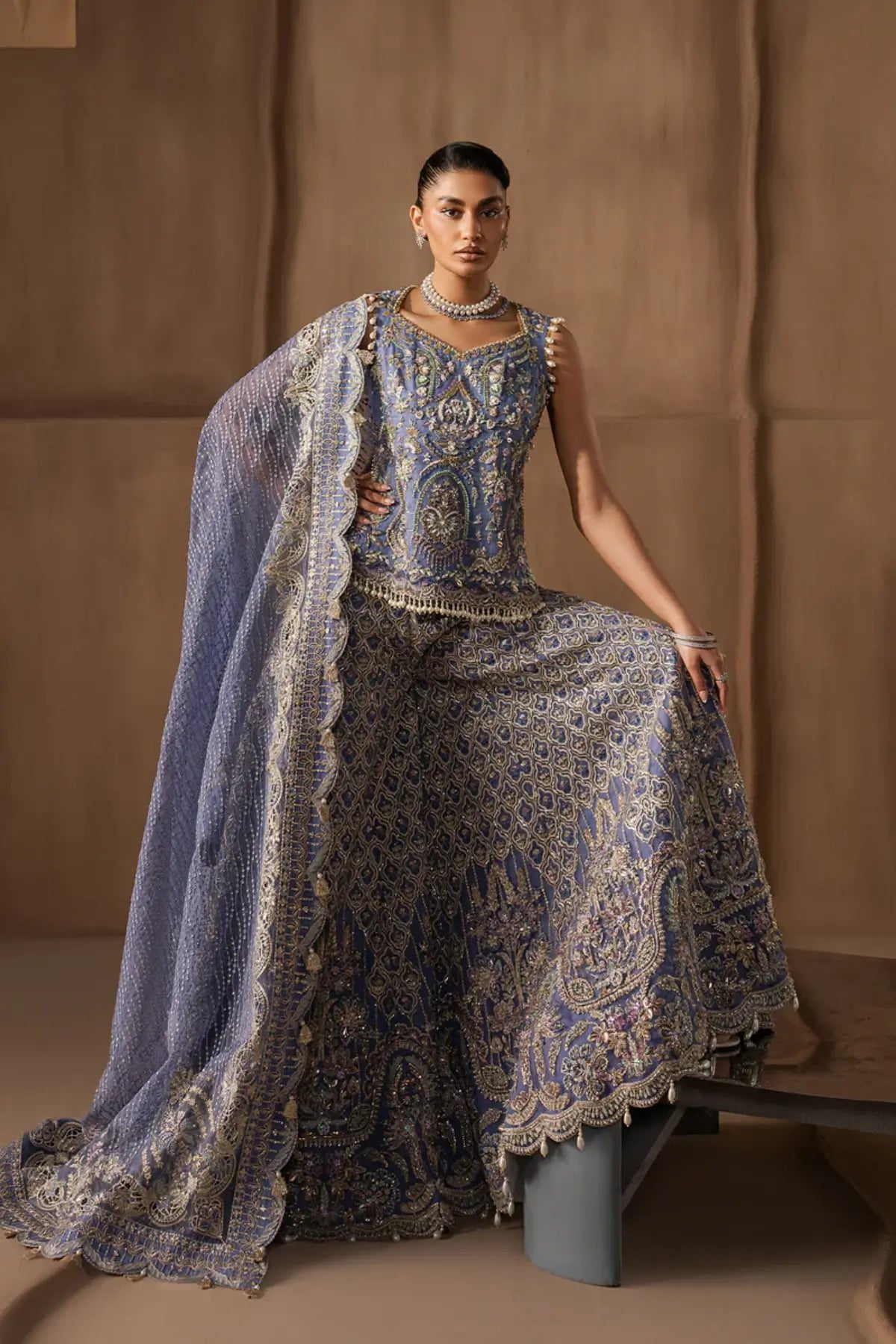 Arabella by Afrozeh steel blue organza wedding sharara suit with heavy embroidery luxury Pakistani bridal formal wear
