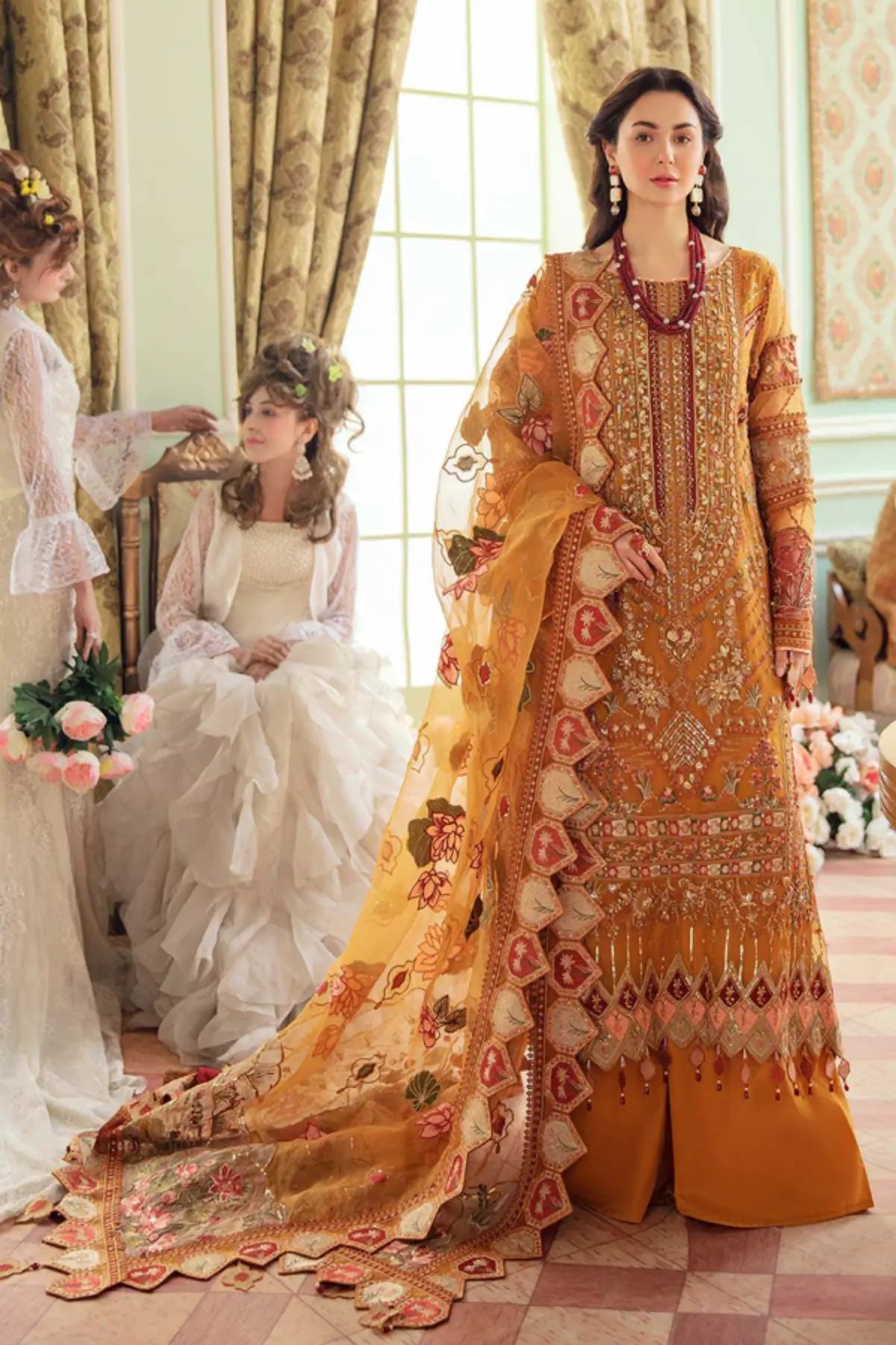 Arabella Jhoomro mustard hand embellished chiffon stitched 3PC suit with embroidered laser organza dupatta and raw silk trouser