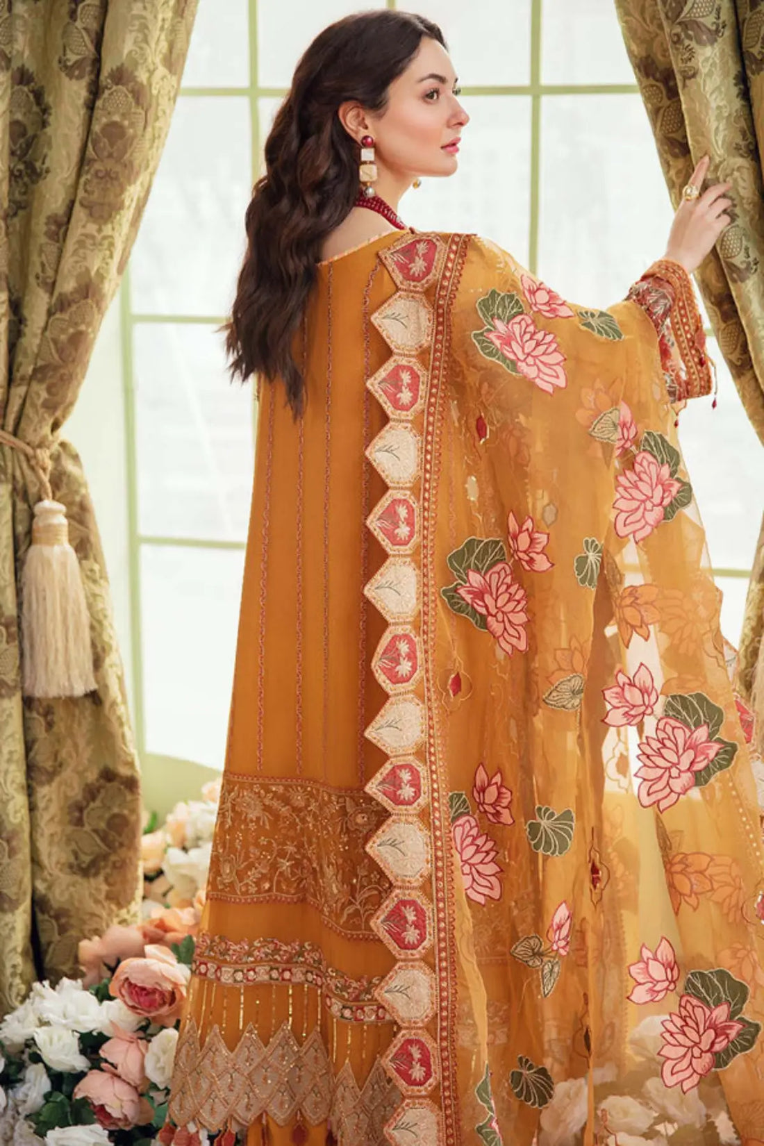Arabella Jhoomro mustard hand embellished chiffon stitched 3PC suit with embroidered laser organza dupatta and raw silk trouser