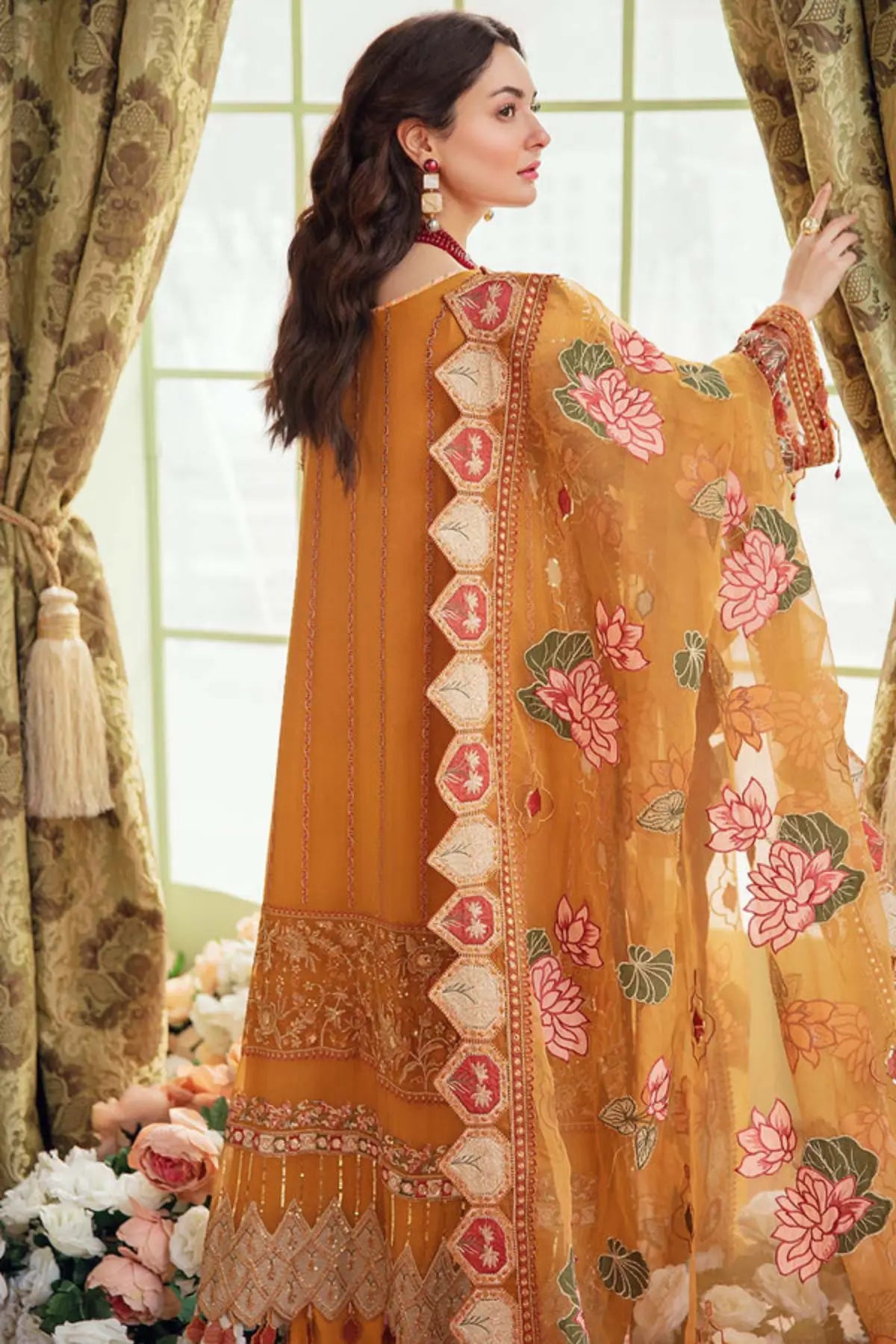 Arabella Jhoomro mustard hand embellished chiffon stitched 3PC suit with embroidered laser organza dupatta and raw silk trouser