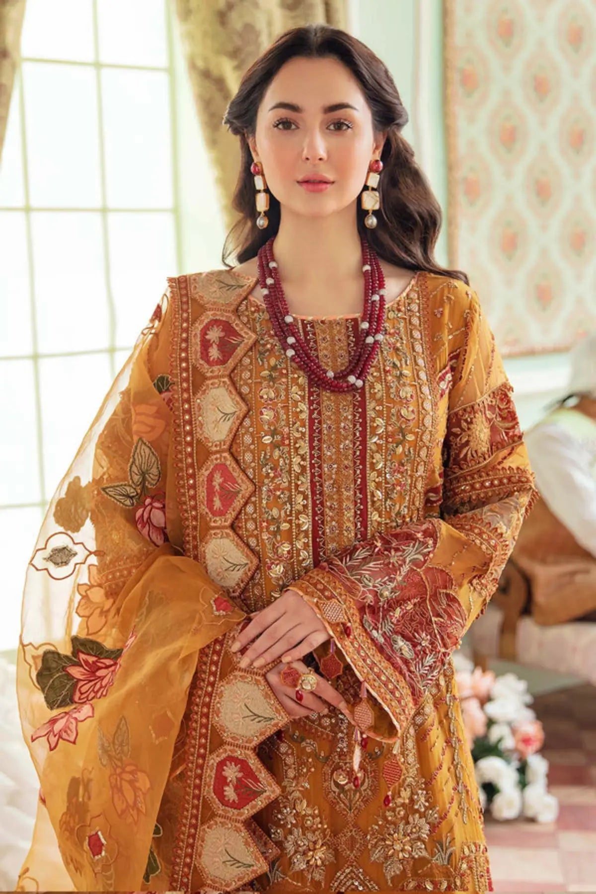 Arabella Jhoomro mustard hand embellished chiffon stitched 3PC suit with embroidered laser organza dupatta and raw silk trouser