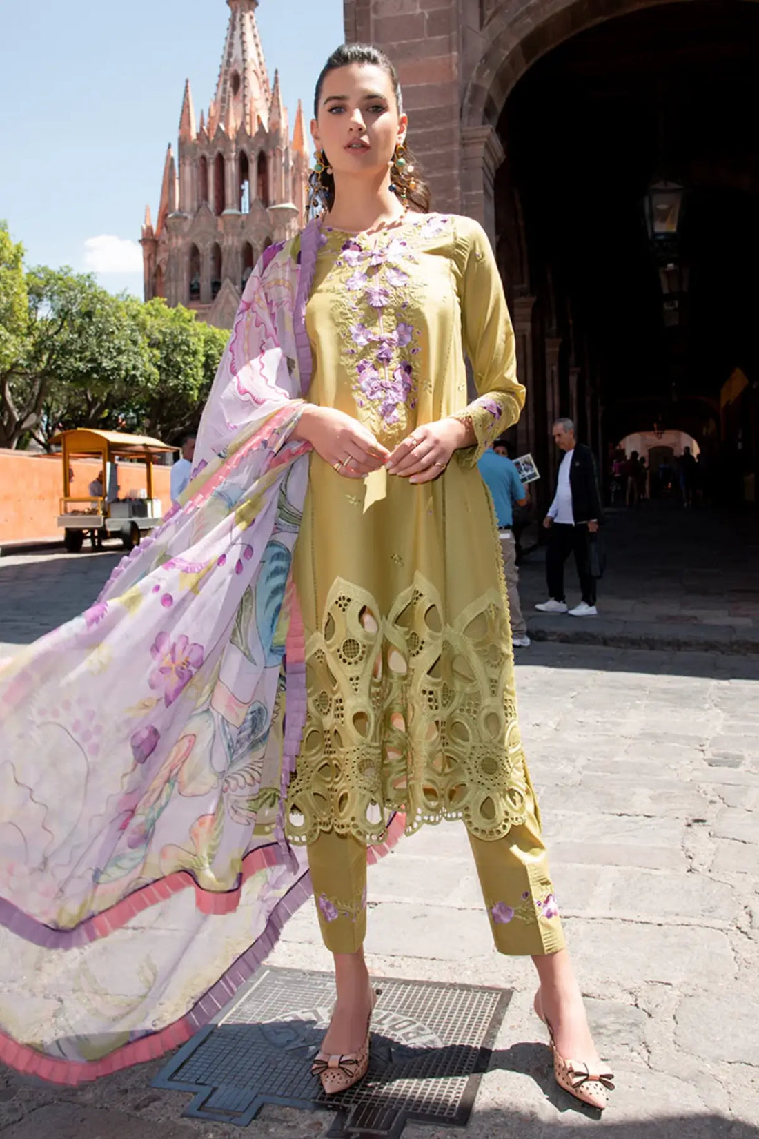 Aranza lime green chikankari stitched lawn 3PC suit by Mushq with chiffon dupatta
