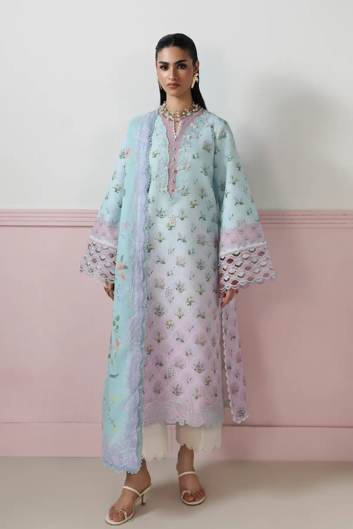 Arden QQP-07(A) by Qalamkar powder blue lawn stitched 3PC suit with chikankari embroidered front, printed lawn dupatta, and plain cotton trousers.