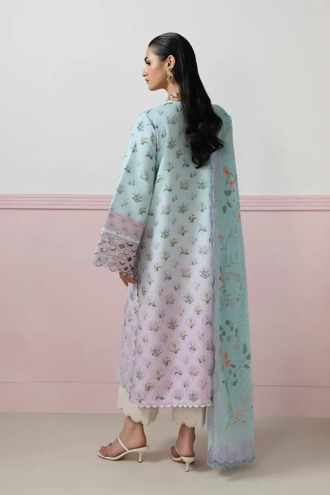 Arden QQP-07(A) by Qalamkar powder blue lawn stitched 3PC suit with chikankari embroidered front, printed lawn dupatta, and plain cotton trousers.