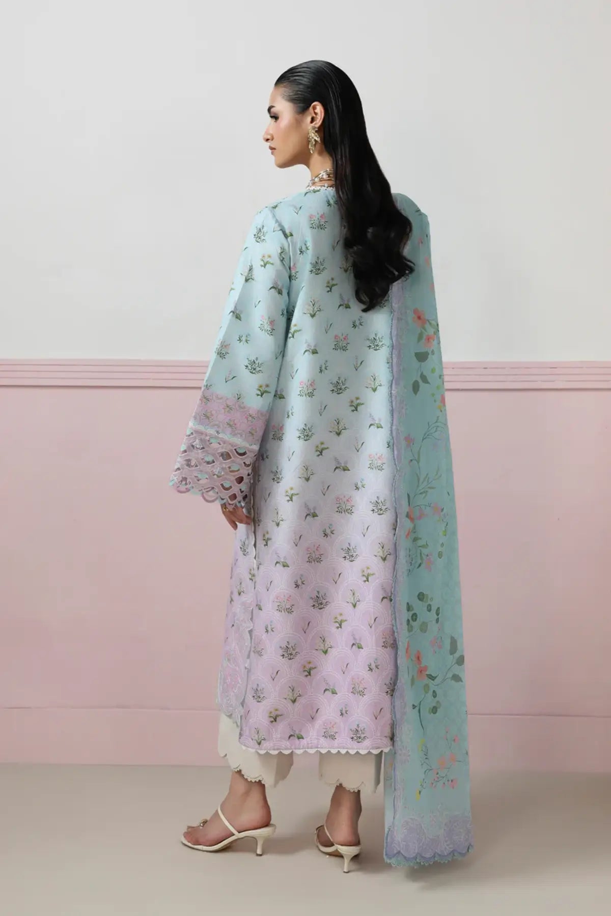 Arden QQP-07(A) by Qalamkar powder blue lawn stitched 3PC suit with chikankari embroidered front, printed lawn dupatta, and plain cotton trousers.