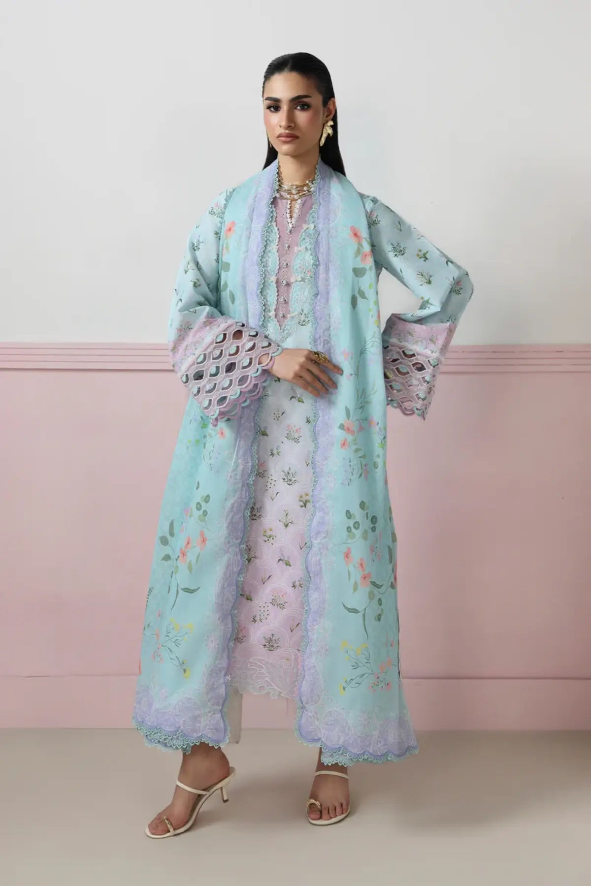 Arden QQP-07(A) by Qalamkar powder blue lawn stitched 3PC suit with chikankari embroidered front, printed lawn dupatta, and plain cotton trousers.