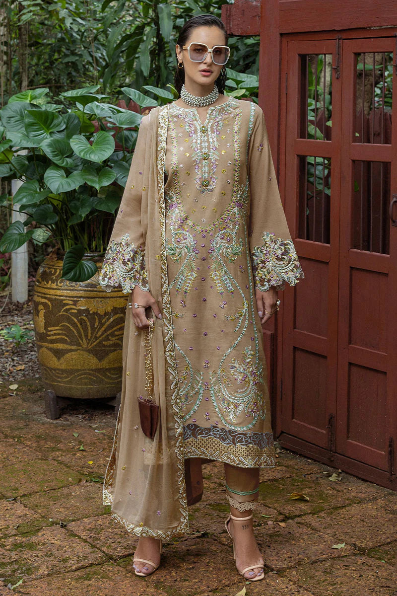 Ardena beige raw silk embroidered stitched suit with chiffon dupatta – Pakistani festive outfit.