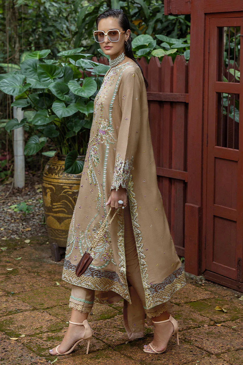 Ardena beige raw silk embroidered stitched suit with chiffon dupatta – Pakistani festive outfit.