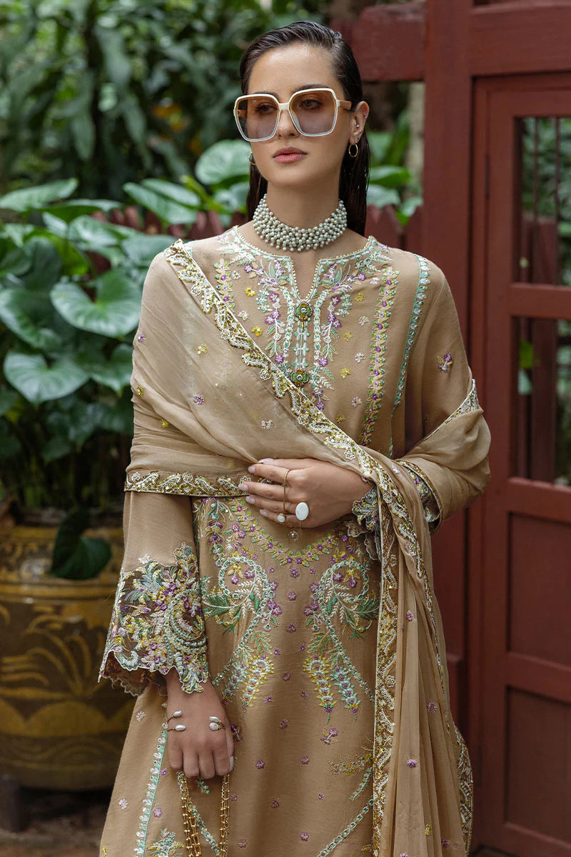 Ardena beige raw silk embroidered stitched suit with chiffon dupatta – Pakistani festive outfit.