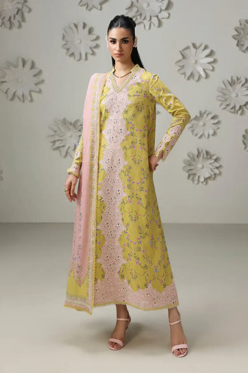Areej QQP-03(B) by Qalamkar lime yellow lawn stitched 3PC suit with embroidered front panel, printed lawn dupatta, and printed cotton trousers.