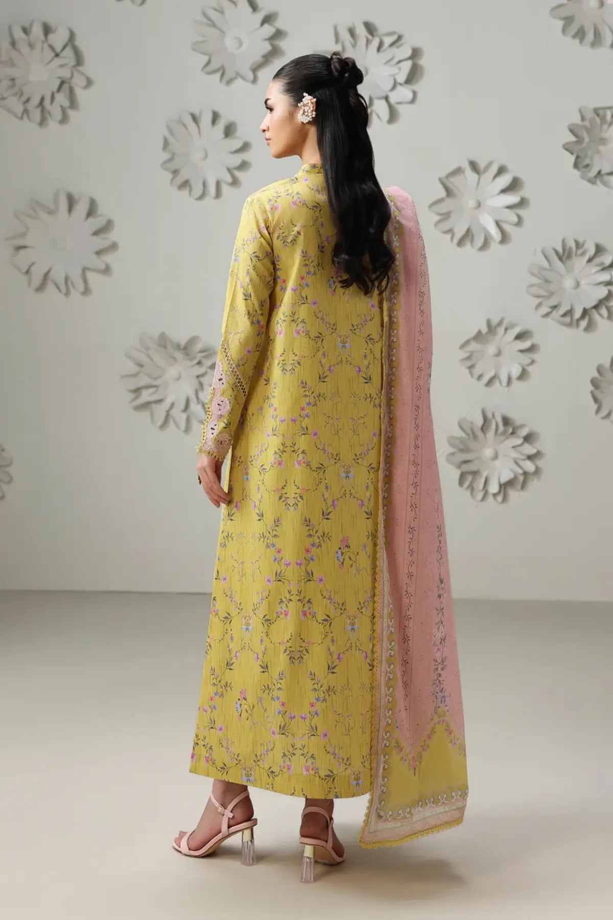 Areej QQP-03(B) by Qalamkar lime yellow lawn stitched 3PC suit with embroidered front panel, printed lawn dupatta, and printed cotton trousers.