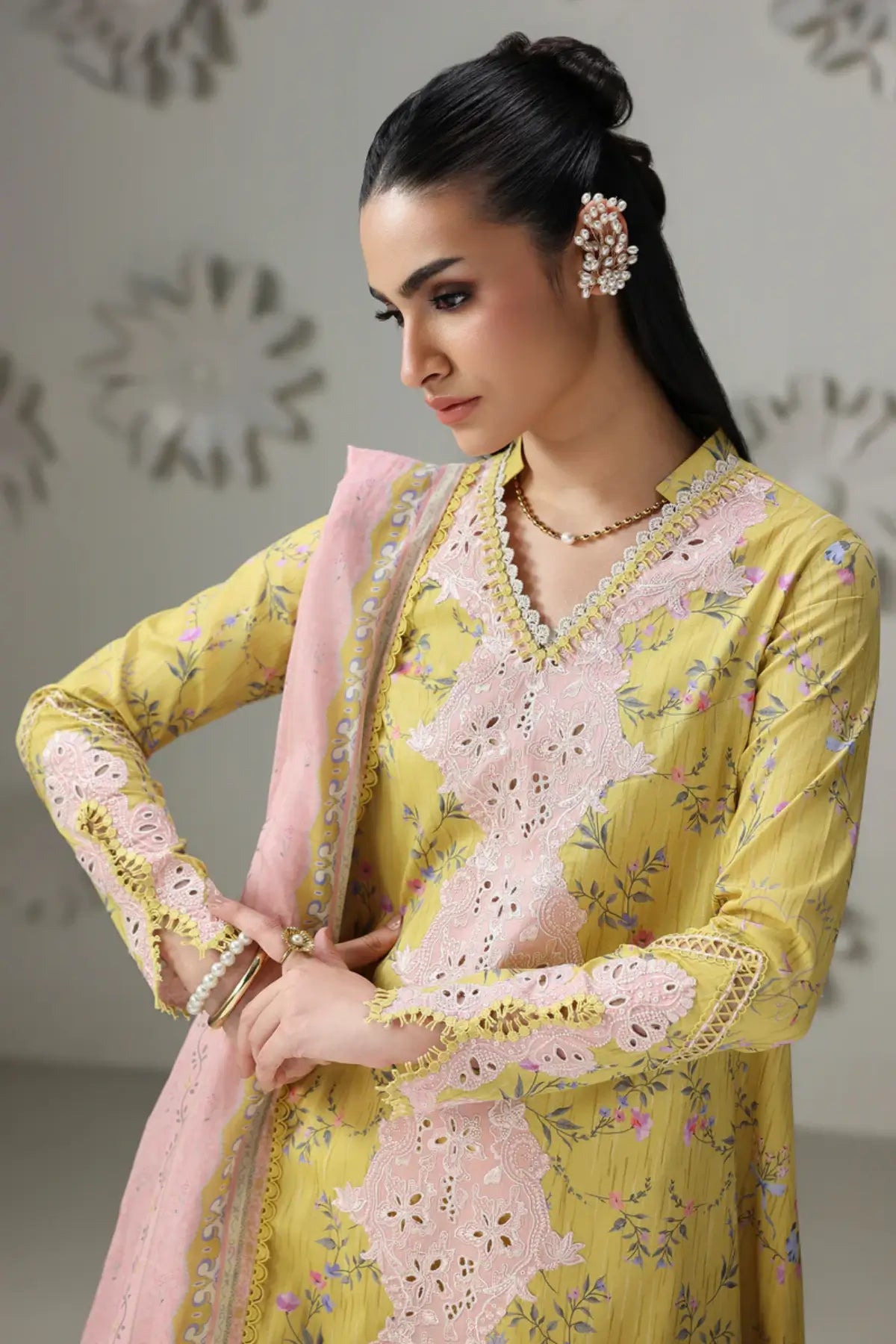 Areej QQP-03(B) by Qalamkar lime yellow lawn stitched 3PC suit with embroidered front panel, printed lawn dupatta, and printed cotton trousers.
