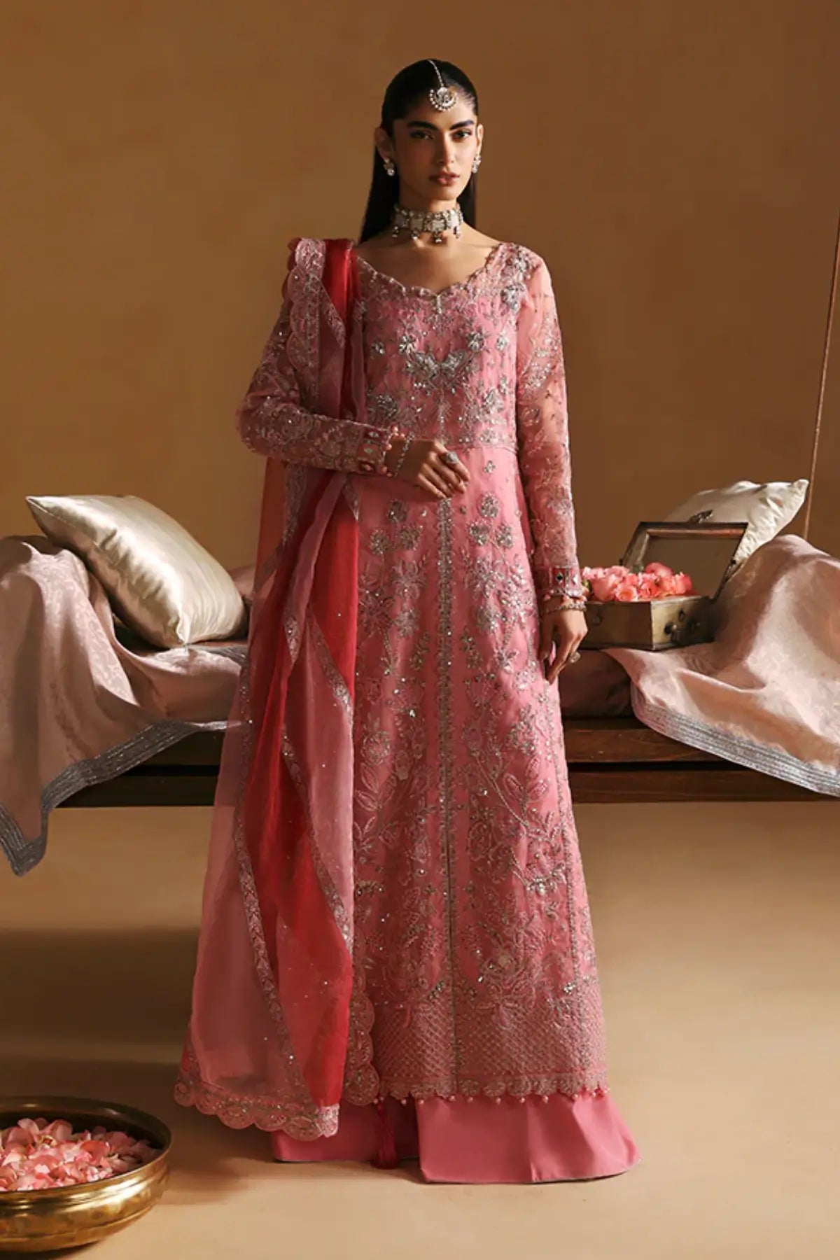 Areeman by Gulaal pink organza sharara dress with embroidered dupatta stitched and available online at Pakistanimoda.