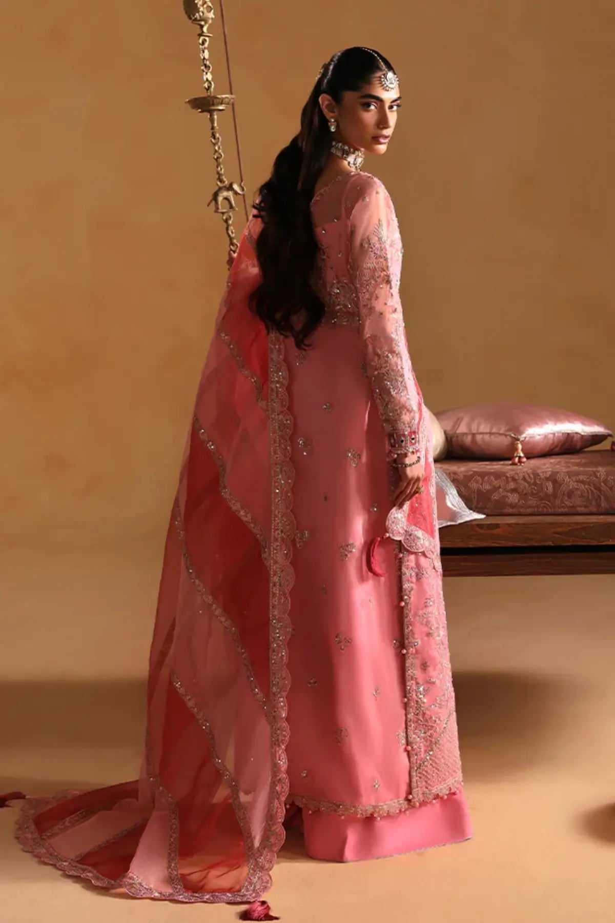 Areeman by Gulaal pink organza sharara dress with embroidered dupatta stitched and available online at Pakistanimoda.
