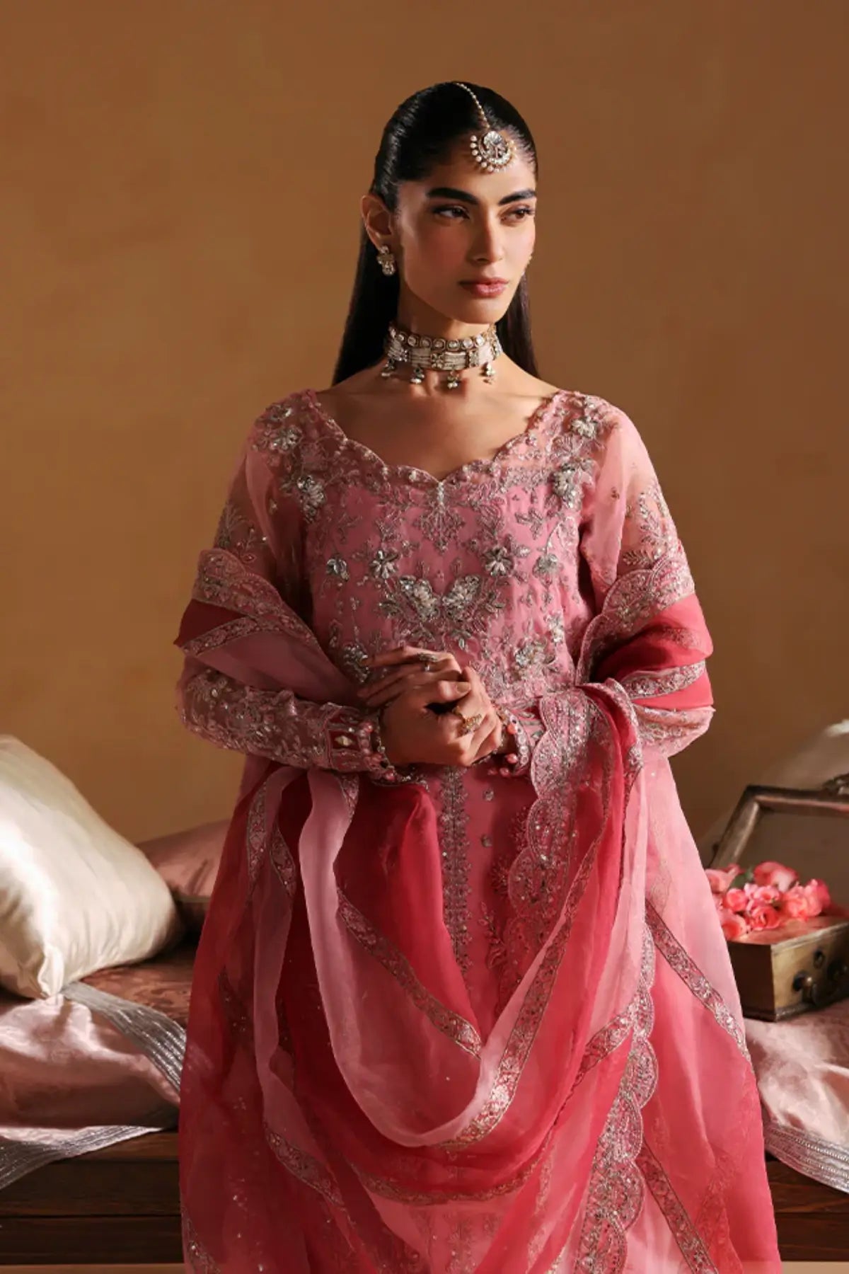 Areeman by Gulaal pink organza sharara dress with embroidered dupatta stitched and available online at Pakistanimoda.