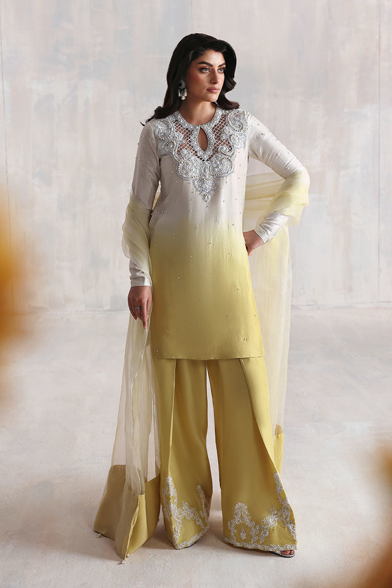 Off-white and yellow embroidered Korean raw silk Pakistani outfit with organza dupatta – modest Eid and event wear for women in USA, UK, Canada.