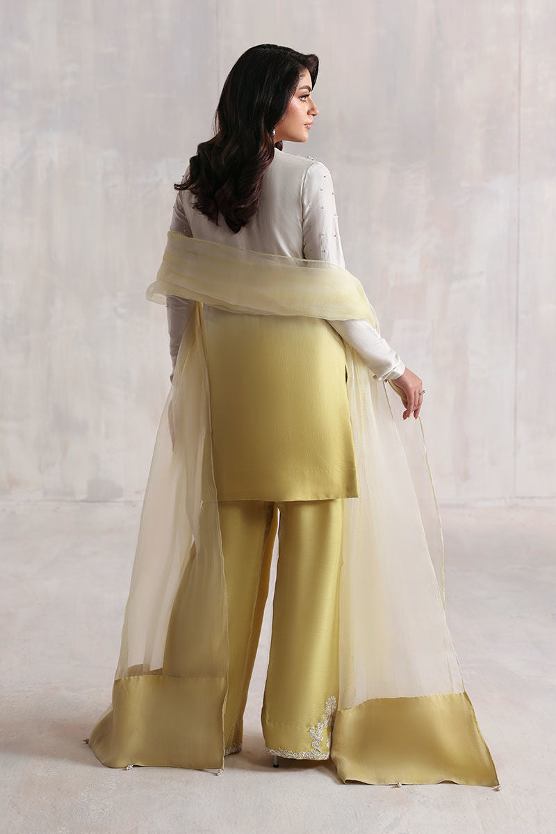 Off-white and yellow embroidered Korean raw silk Pakistani outfit with organza dupatta – modest Eid and event wear for women in USA, UK, Canada.
