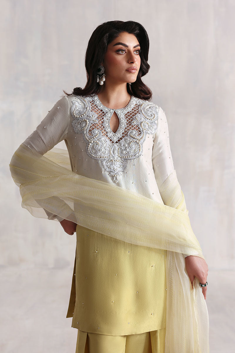 Off-white and yellow embroidered Korean raw silk Pakistani outfit with organza dupatta – modest Eid and event wear for women in USA, UK, Canada.