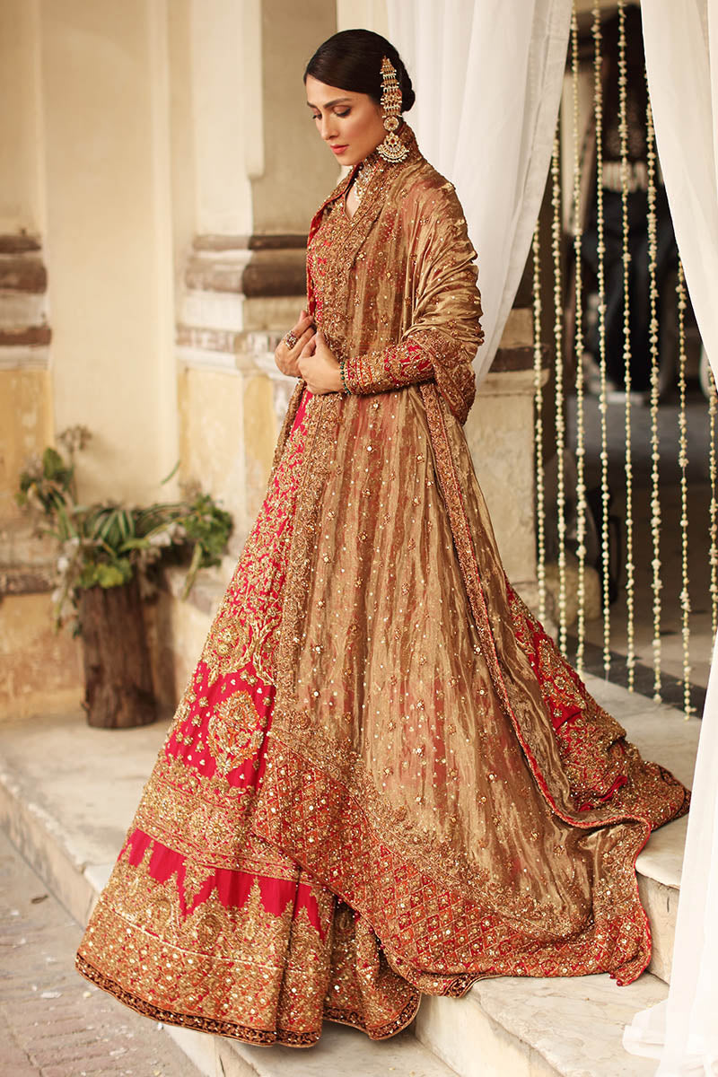 Arezou-Antique Gold and Red Pakistani Wedding Dress