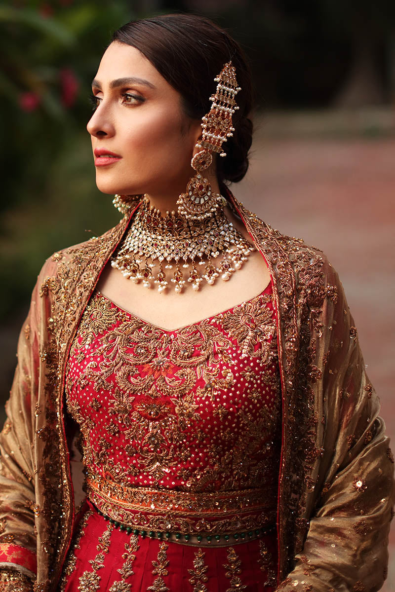 Arezou-Antique Gold and Red Pakistani Wedding Dress