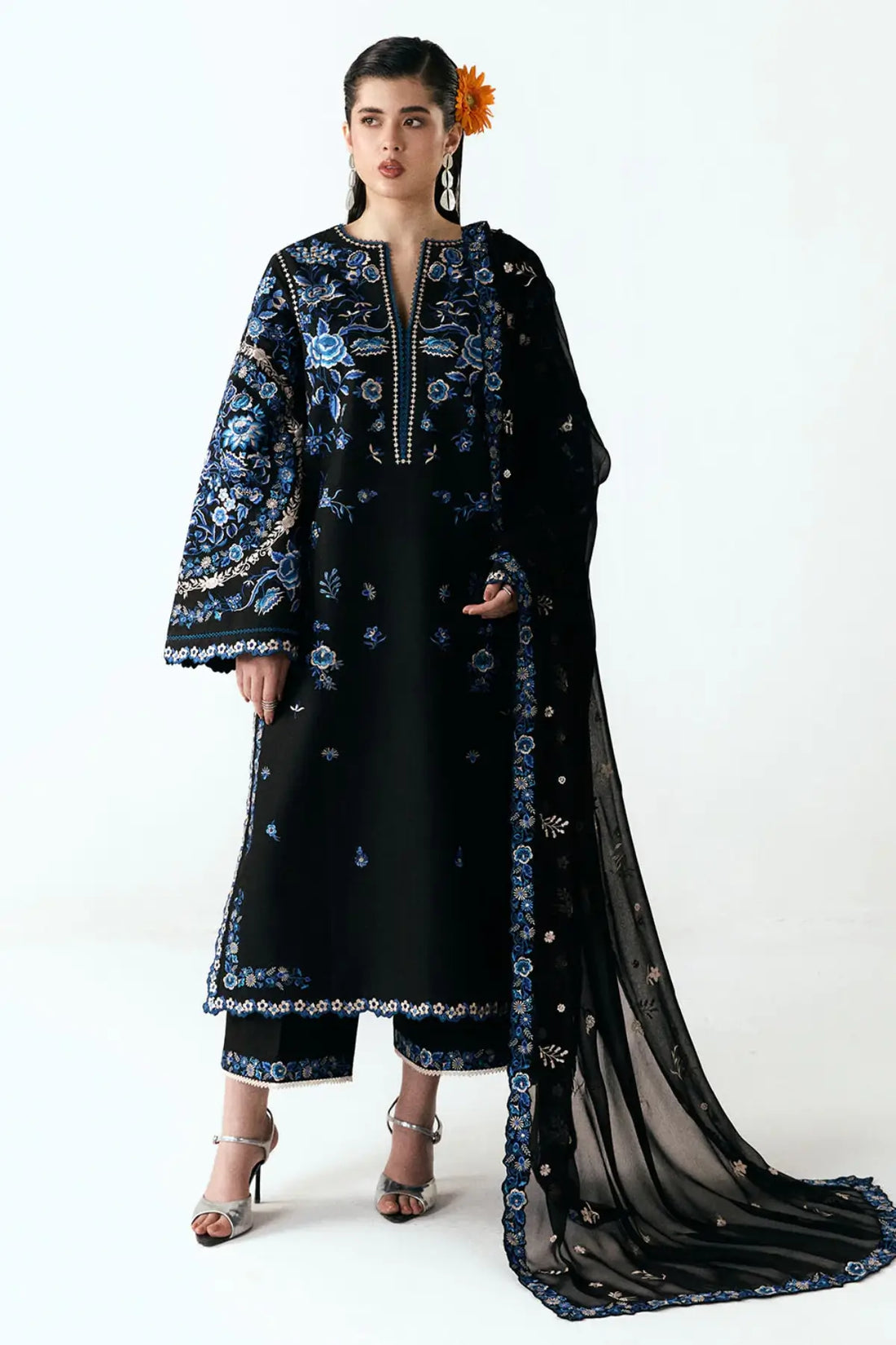 Ari black embroidered cotton stitched suit by Jugnu Lahore with chiffon dupatta