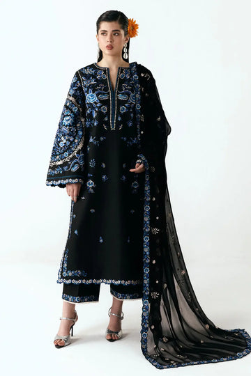 Ari black embroidered cotton stitched suit by Jugnu Lahore with chiffon dupatta