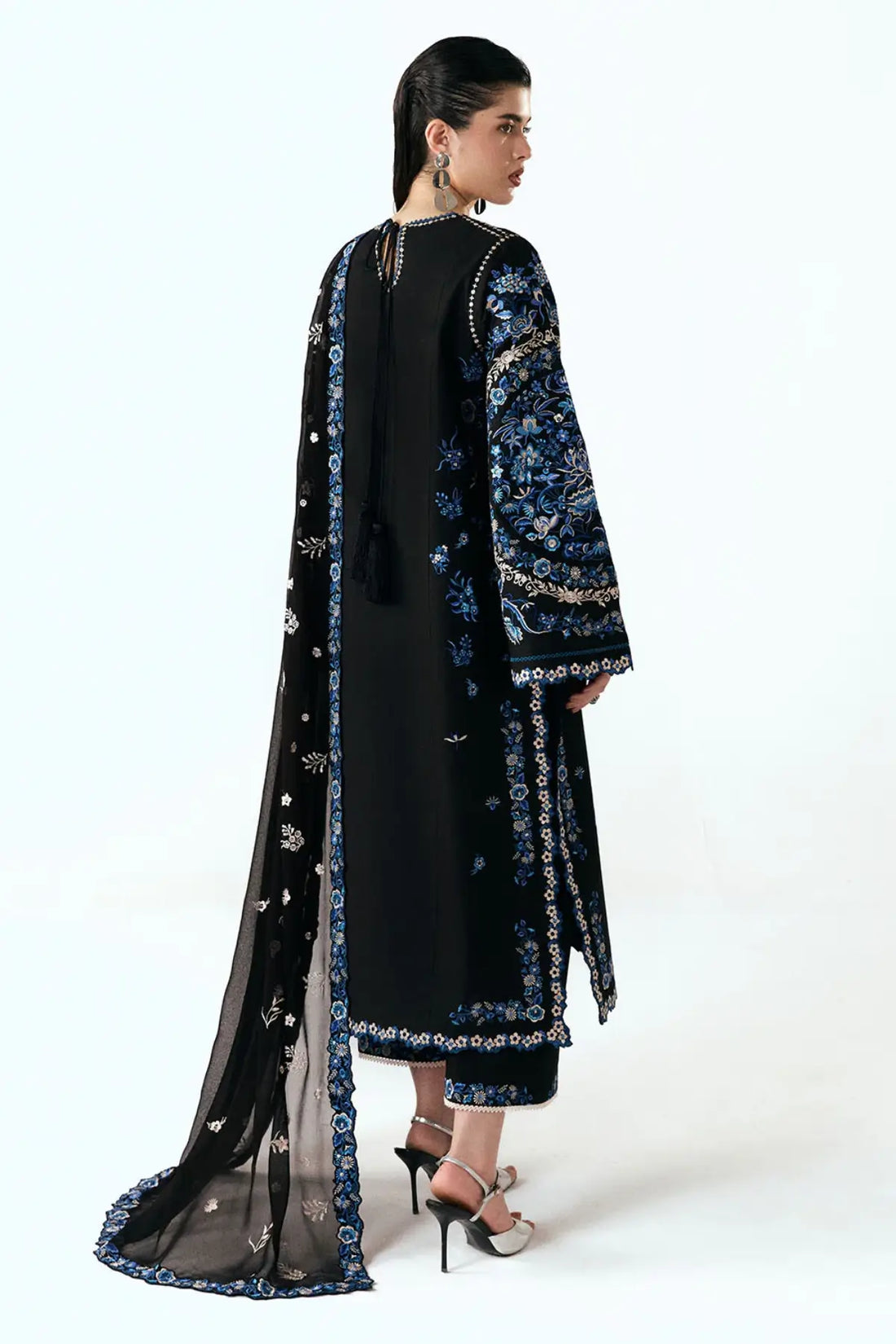 Ari black embroidered cotton stitched suit by Jugnu Lahore with chiffon dupatta