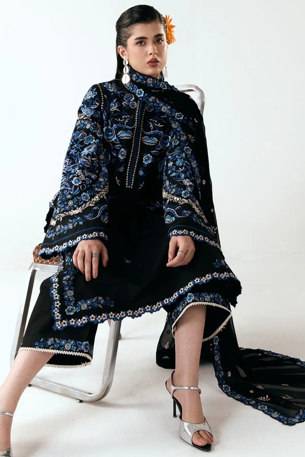 Ari black embroidered cotton stitched suit by Jugnu Lahore with chiffon dupatta