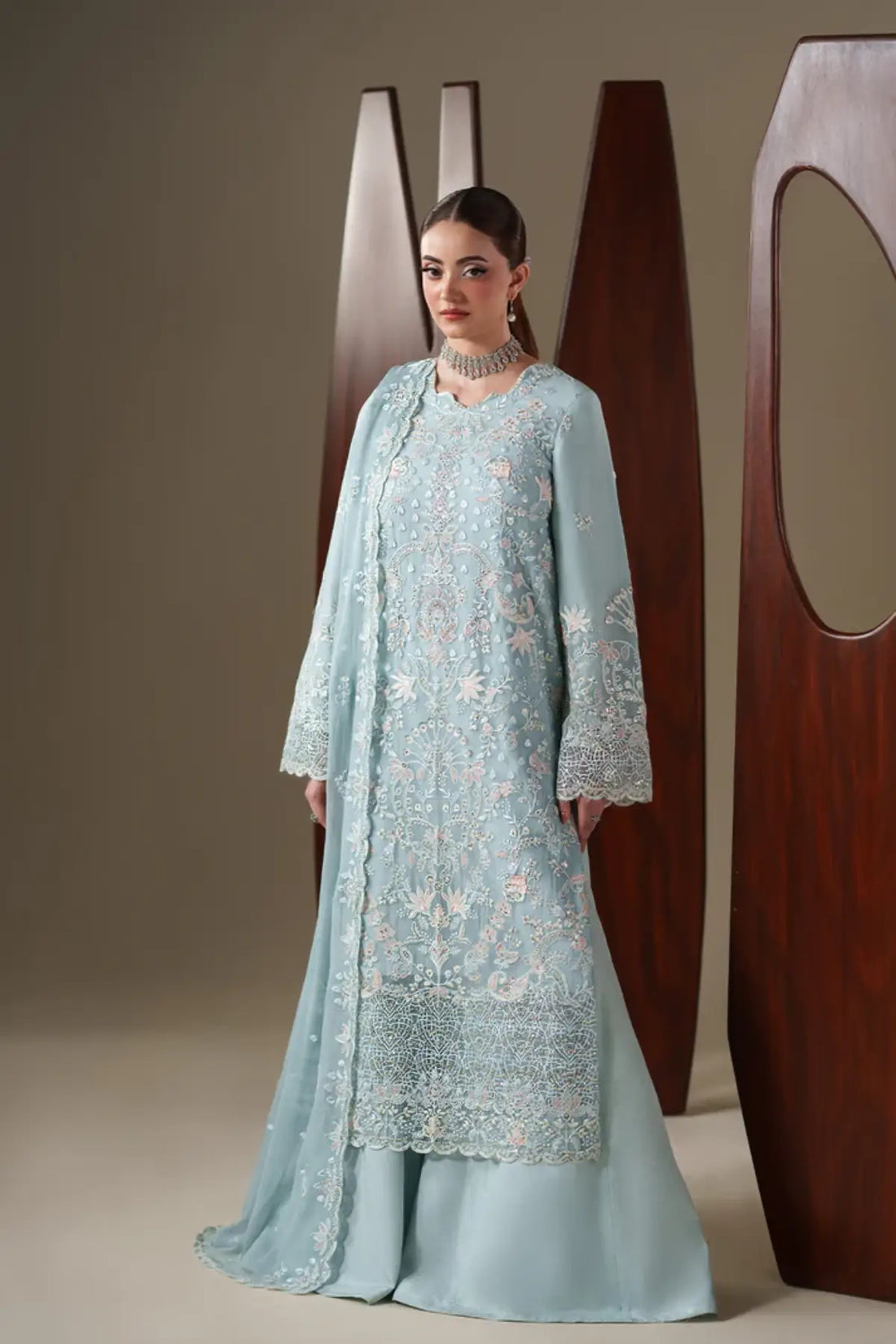 Aria Emaan Adeel Nouvelle Luxury Chiffon Sky Blue Embroidered Stitched 3PC Suit | Pakistanimoda