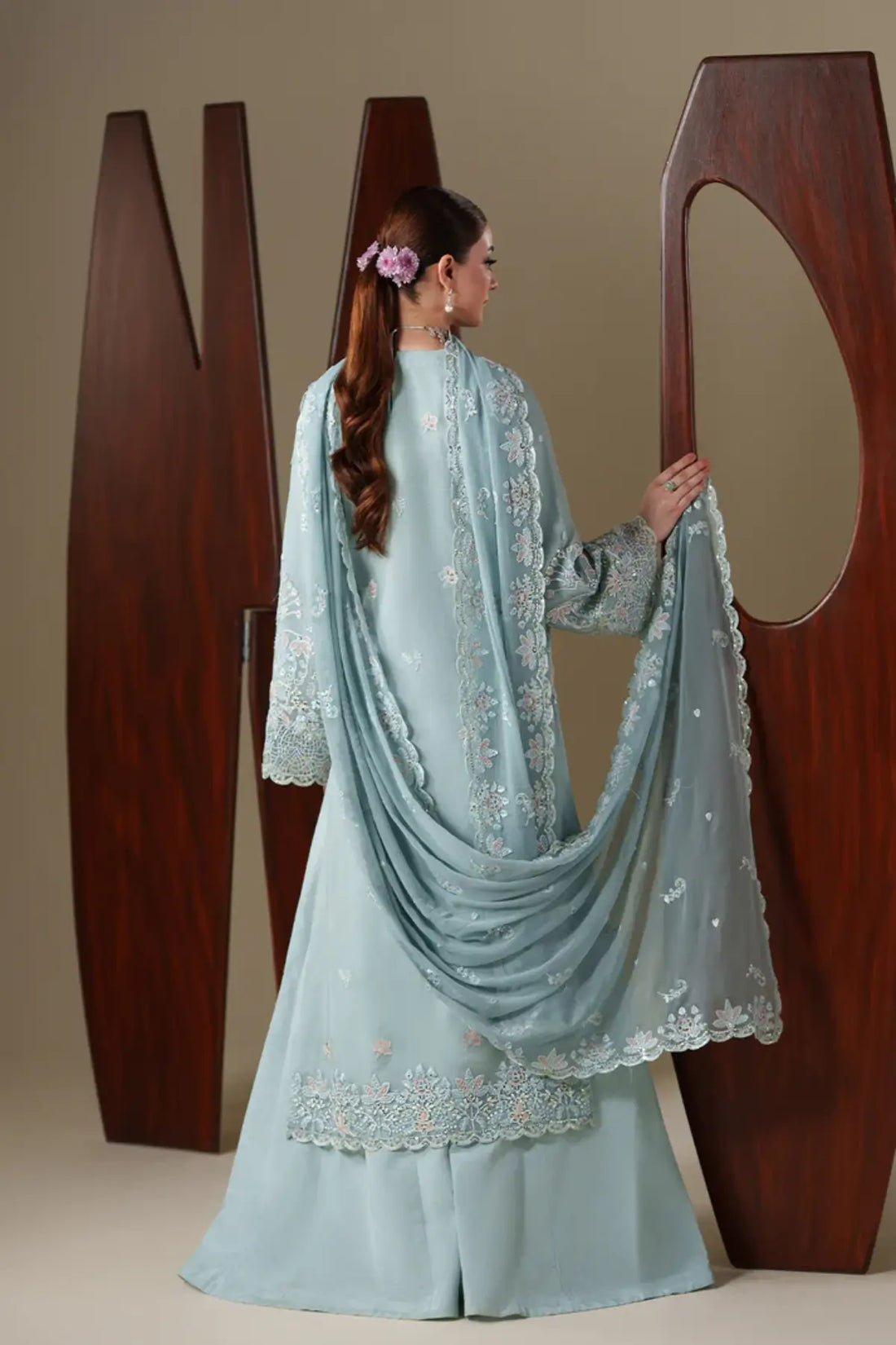 Aria Emaan Adeel Nouvelle Luxury Chiffon Sky Blue Embroidered Stitched 3PC Suit | Pakistanimoda