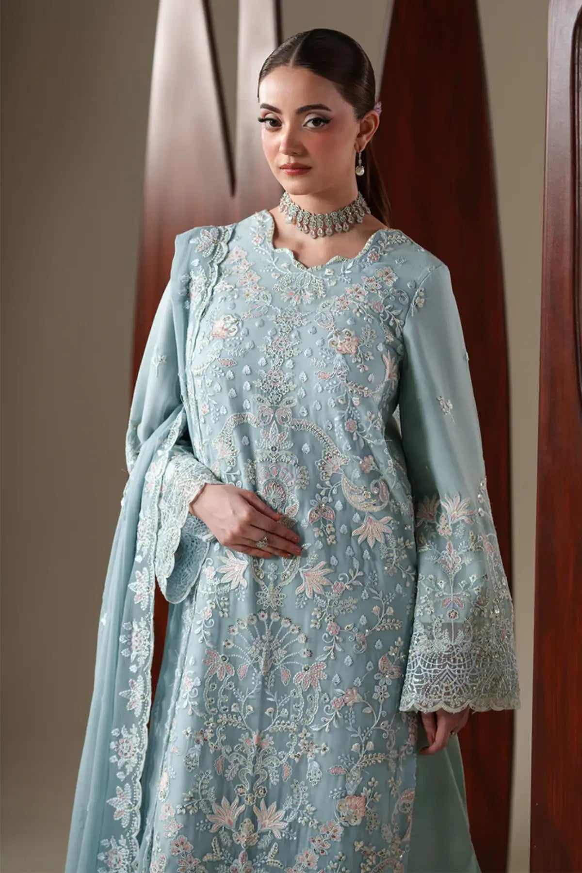 Aria Emaan Adeel Nouvelle Luxury Chiffon Sky Blue Embroidered Stitched 3PC Suit | Pakistanimoda