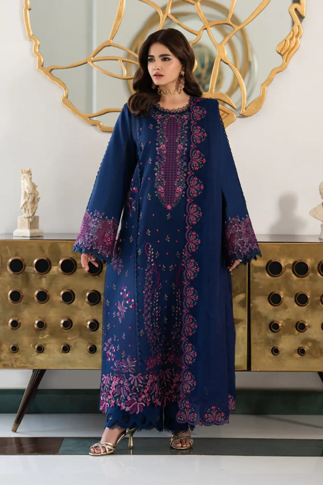 Aria Night Blue embroidered lawn 3PC by Rang Rasiya Carnation Eid Edit 2026 with cotton net dupatta