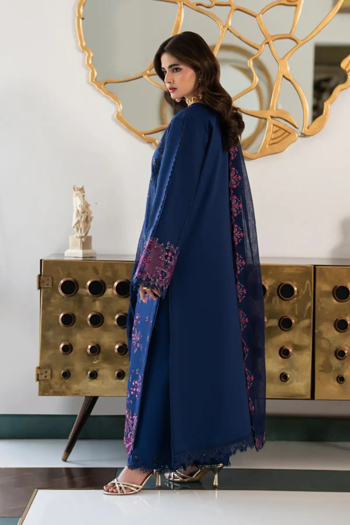 Aria Night Blue embroidered lawn 3PC by Rang Rasiya Carnation Eid Edit 2026 with cotton net dupatta