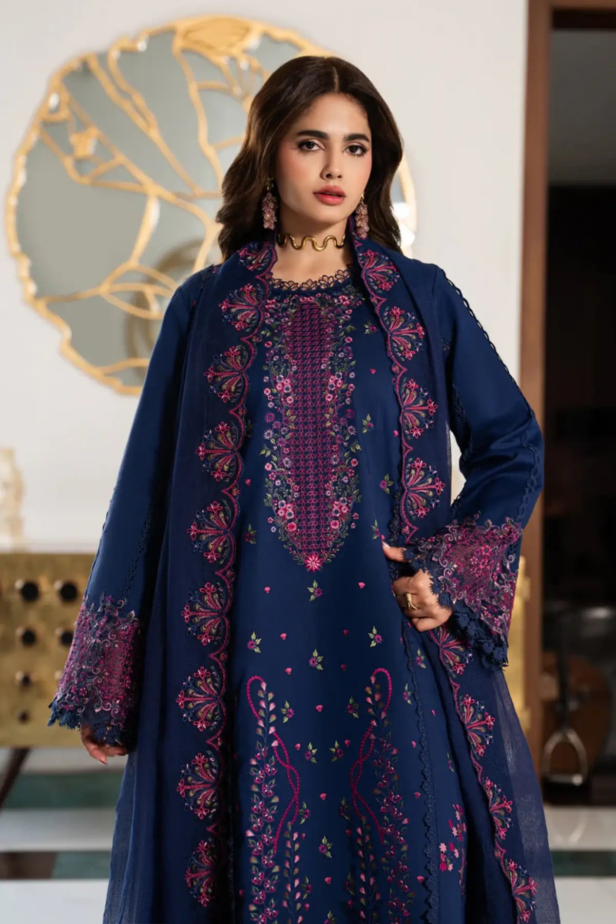 Aria Night Blue embroidered lawn 3PC by Rang Rasiya Carnation Eid Edit 2026 with cotton net dupatta