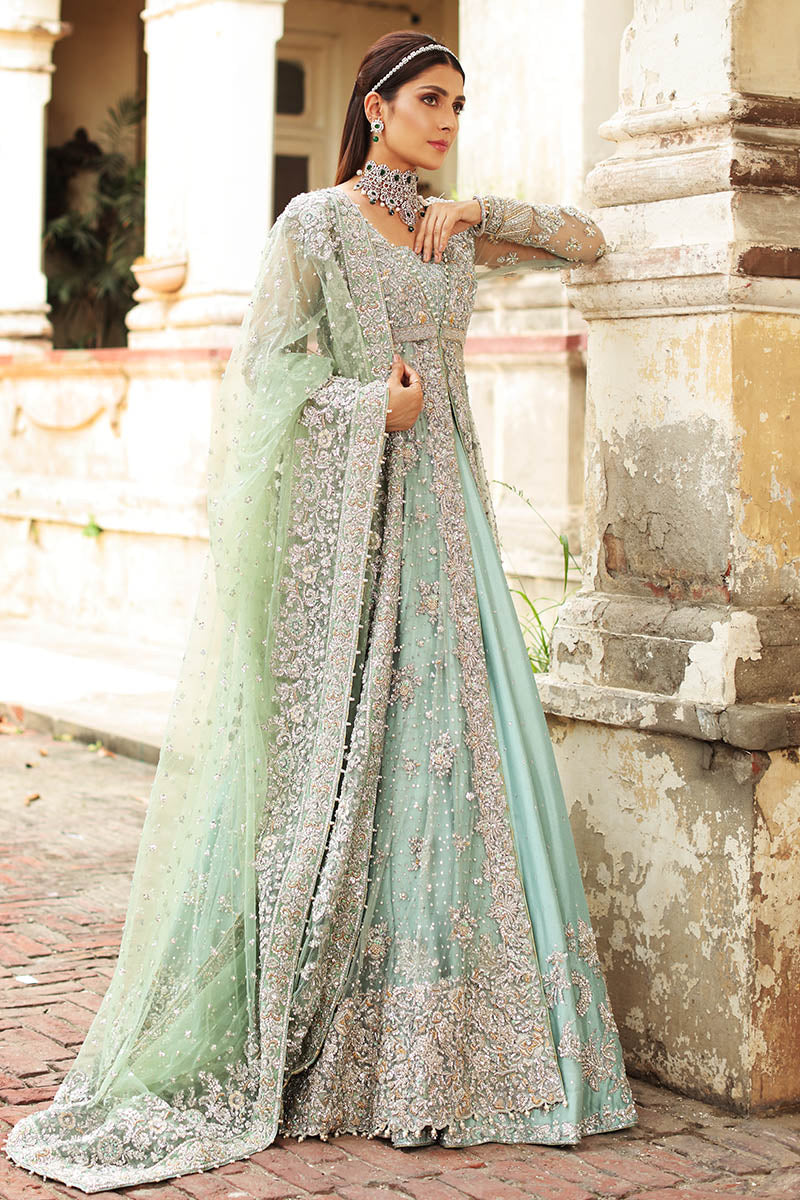 Ariana-Aqua Long Gown with Mint Net Dupatta for Brides