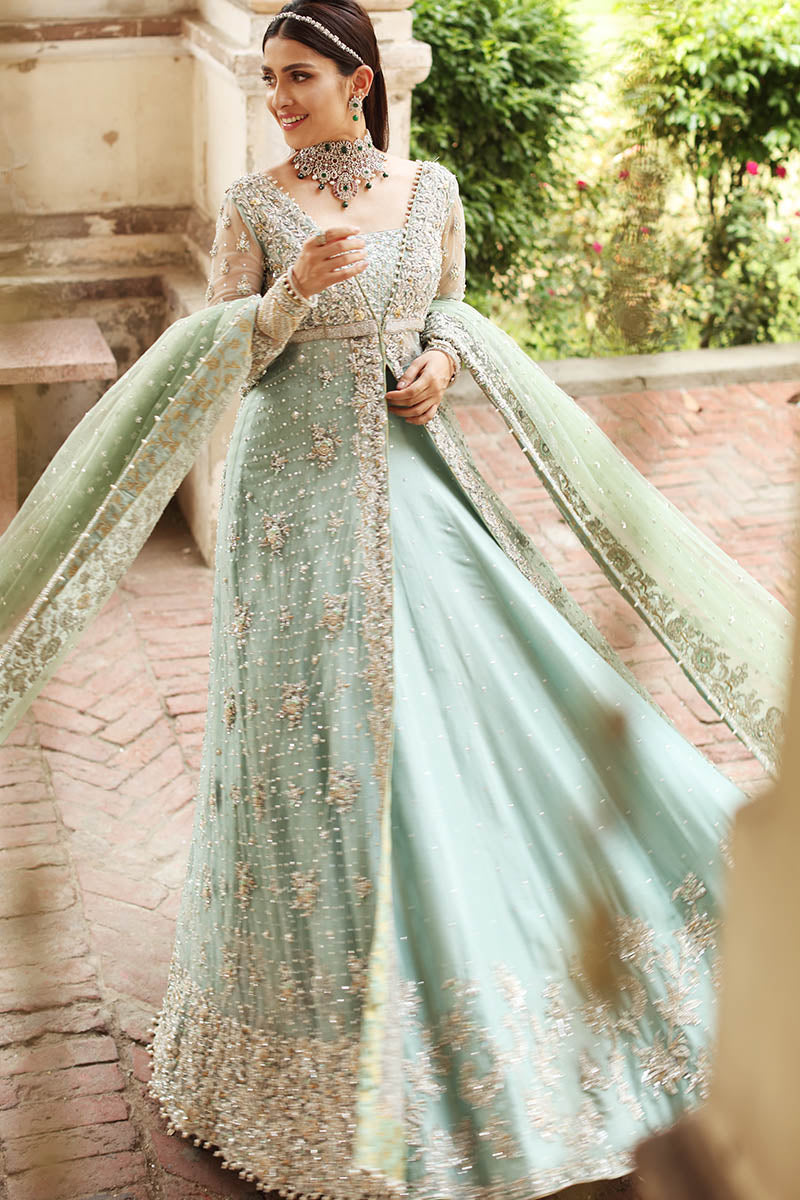 Ariana-Aqua Long Gown with Mint Net Dupatta for Brides Pakistani Moda Ariana-Aqua Long Gown with Mint Net Dupatta for Brides Pakistani Moda