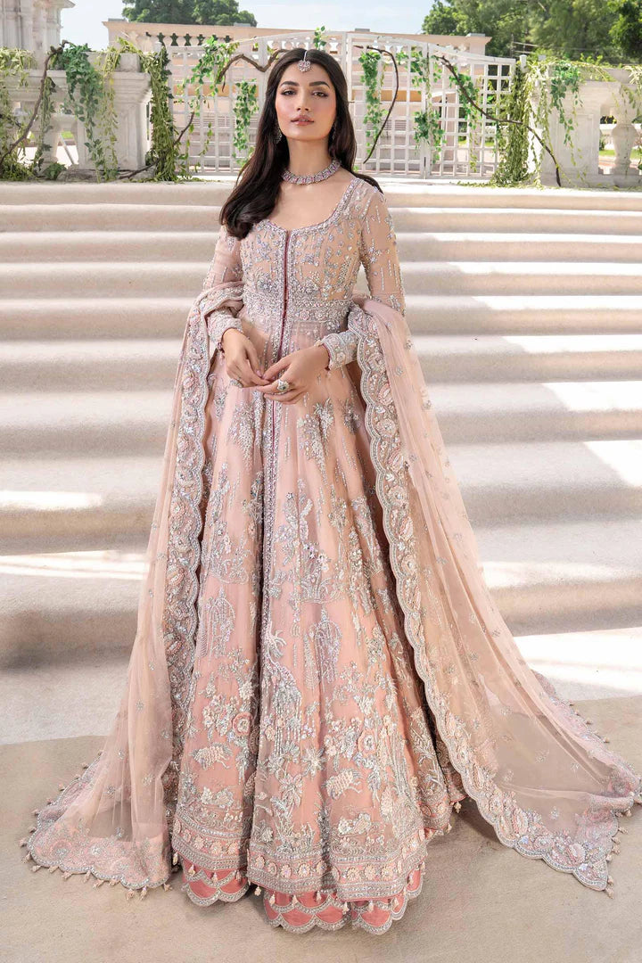 Maria B Arlene Royal-Rawa Powder Pink Bridal Gown with 3D florals, pearls & ombré lehenga stitched for weddings – Pakistanimoda