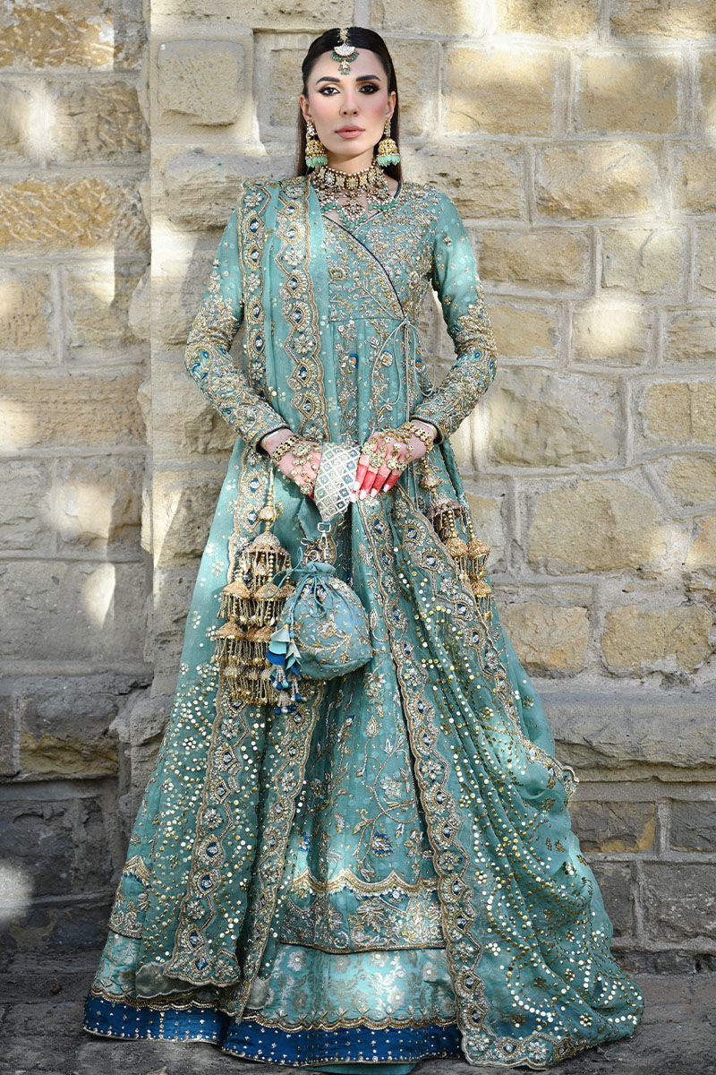 Sage green angharka-style Pakistani bridal kalidaar with jamawar lehenga and kamdani dupatta – ideal for brides in the USA.