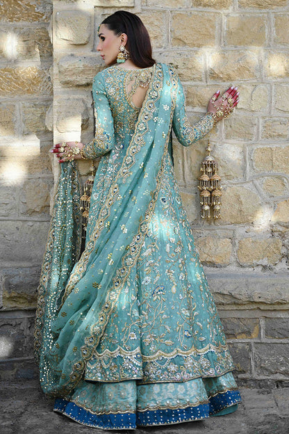 Sage green angharka-style Pakistani bridal kalidaar with jamawar lehenga and kamdani dupatta – ideal for brides in the USA.