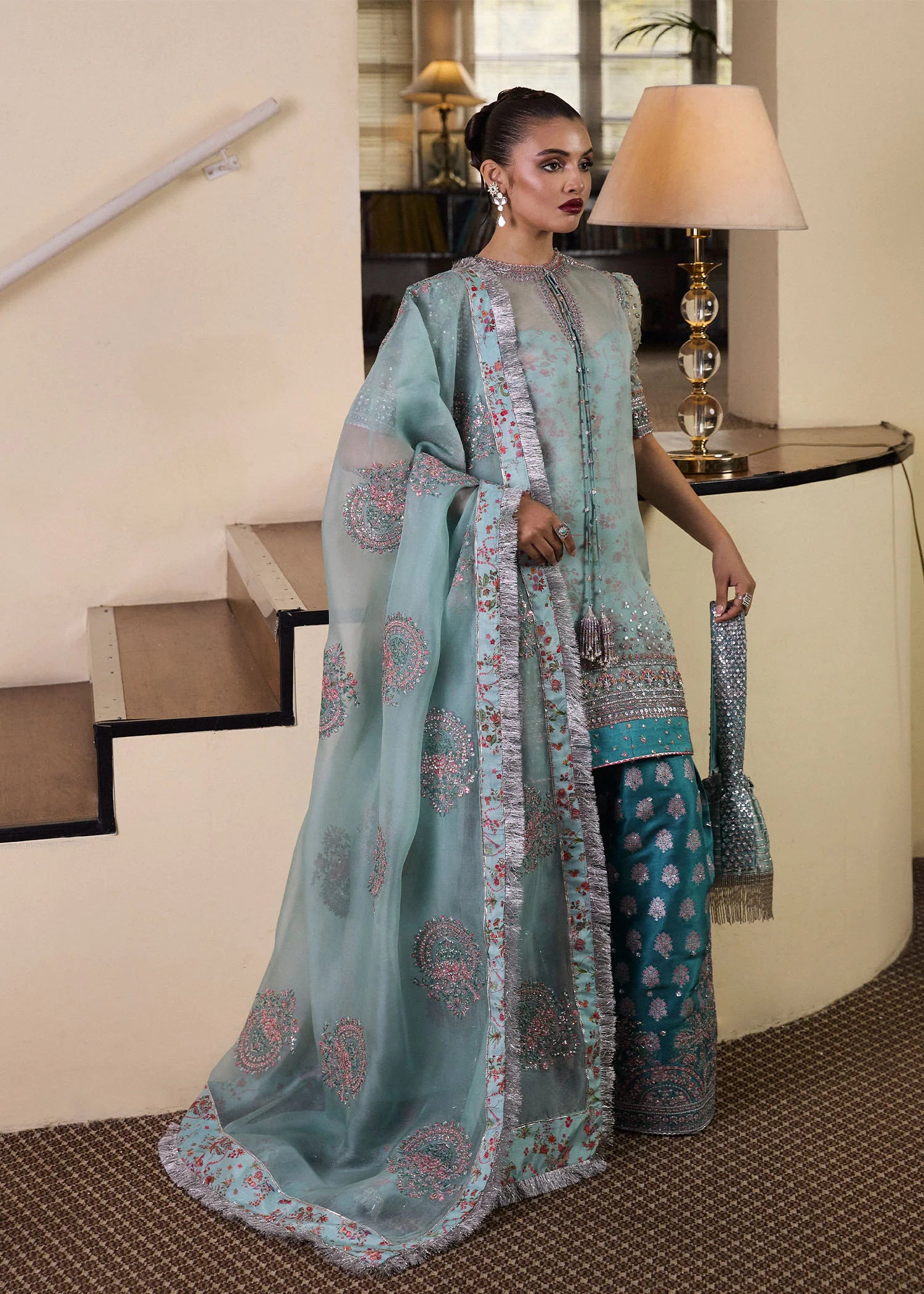Artes- Pakistani Designer Ice Blue Ensemble For Eid Wear By- Hussain Rehar