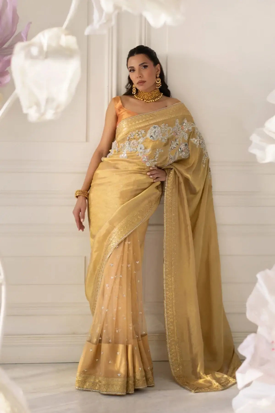 Aryana Gold Tilla Embellished Stitched Pakistani Wedding Saree in Shimmering Lame with Silver Gold Embroidery, Sequin Work and Matching Blouse