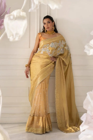 Aryana Gold Tilla Embellished Stitched Pakistani Wedding Saree in Shimmering Lame with Silver Gold Embroidery, Sequin Work and Matching Blouse